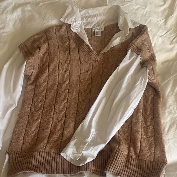 Rachel Zoe Sweaters - Cable Knit V-Neck Sleeveless Sweater Vest with attached shirt - Brown